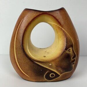 Vtg Mexican 6 in Hernandez Stoneware Donut Pottery Vase double sided woman fish